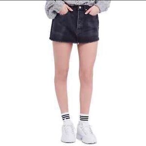 Free People Black Denim Mini Skirt A-Line Raw Hem Rugged Utility Vibe Size 6